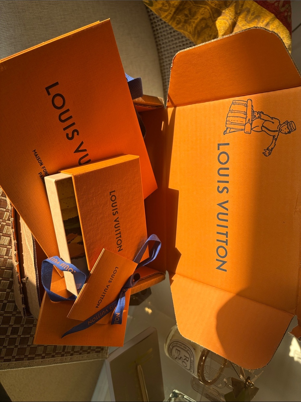 Louis Vuitton Orange Gift Boxes with Blue Ribbon Accents